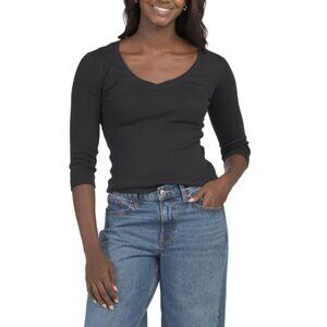THREE DOTS Black V-neck Three-quarter Length Sleeve Tee
